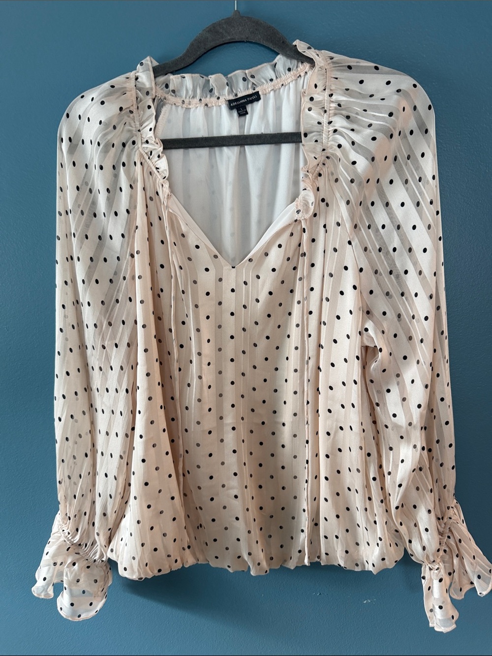 Adrianna Papell Beige Polka Dot Ruffle V-Neck Blouse